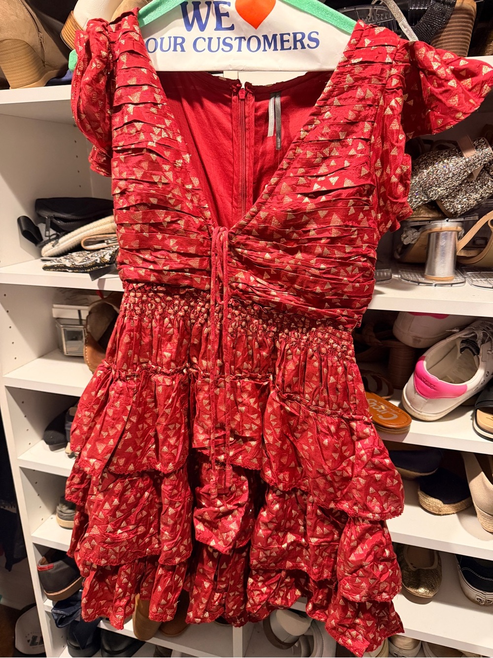Anthropologie Red Tiered Ruffle Dress with Gold Triangle Accents